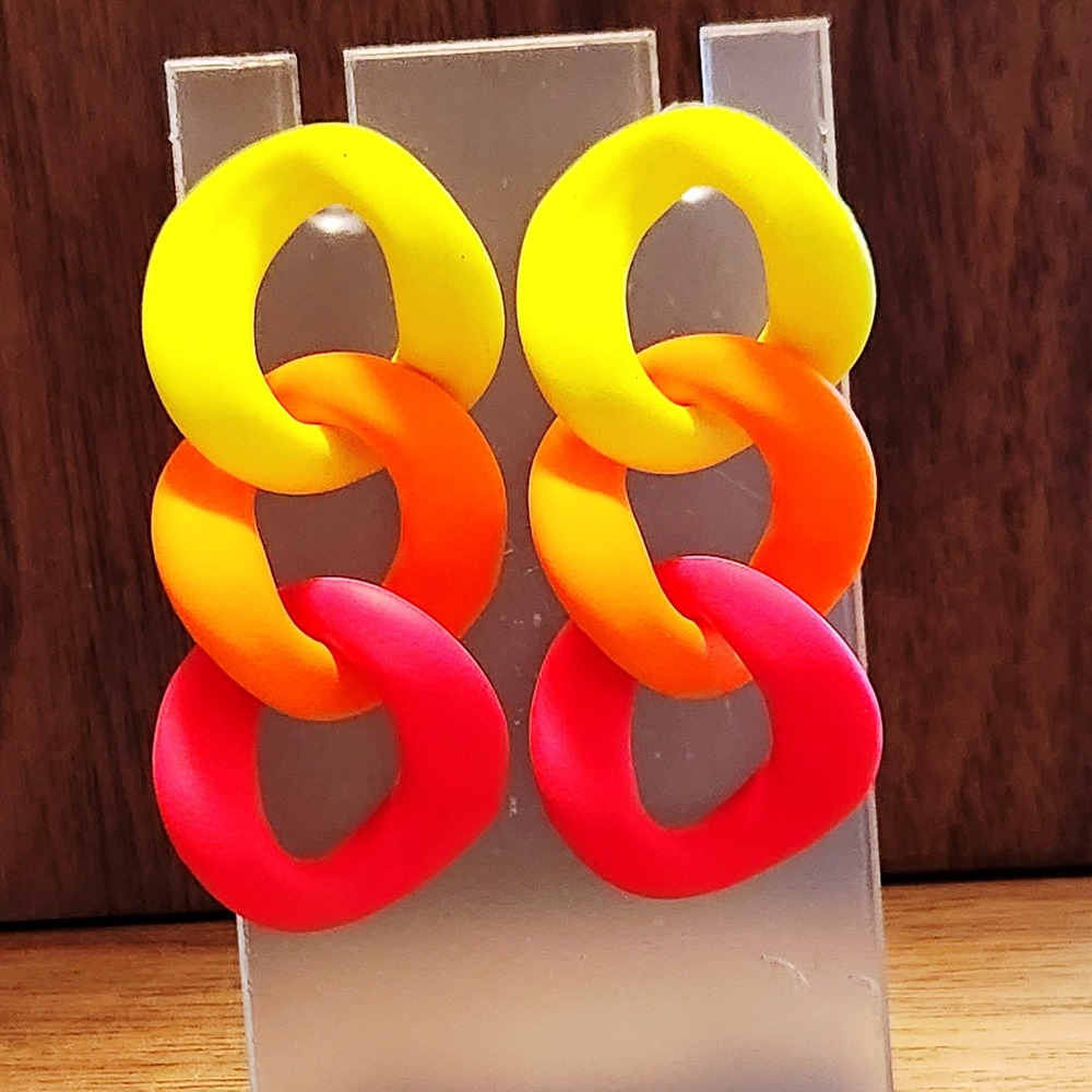 Neon Color Block Chain‎ Link Drop Earrings Matte Yellow Orange Pink Retro